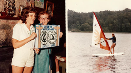 WeHaKee Camp for Girls 60th anniversary photo, and a photo of a camper windsurfing on Hunter Lake